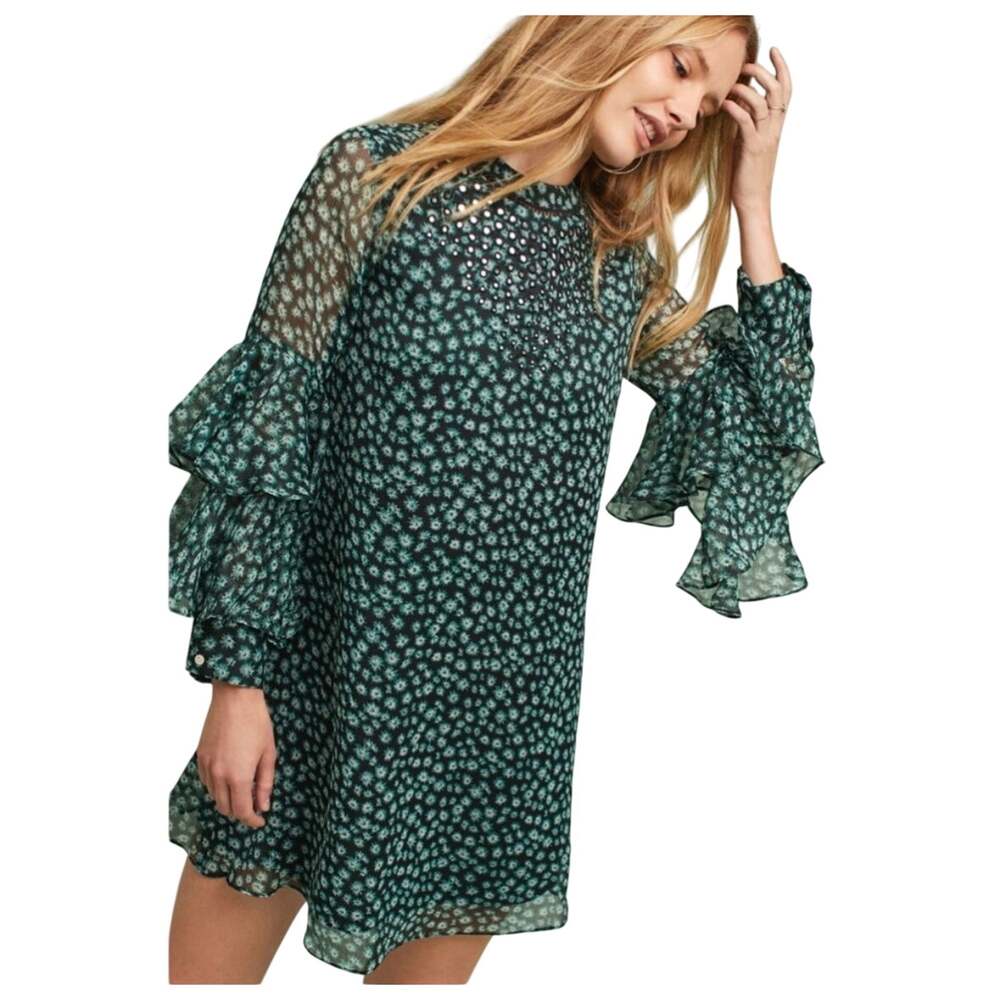 Anthropologie Ranna Gill Teal and Black Mirrored Baby Doll Dress XS